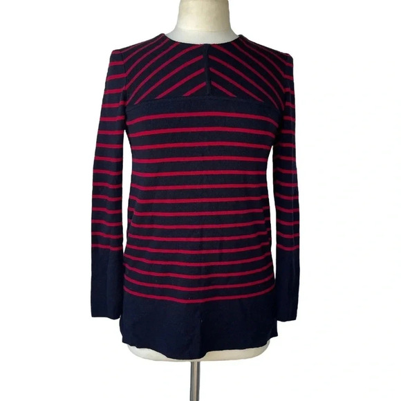 TORY BURCH Seraphina Tunic Sweater Navy Blue Red Striped Merino Wool Size S - Picture 2 of 4